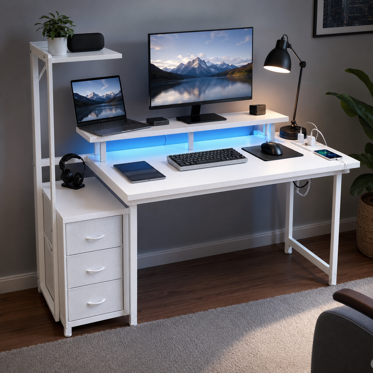 LED Computer Desk with Monitor Stand & Drawers