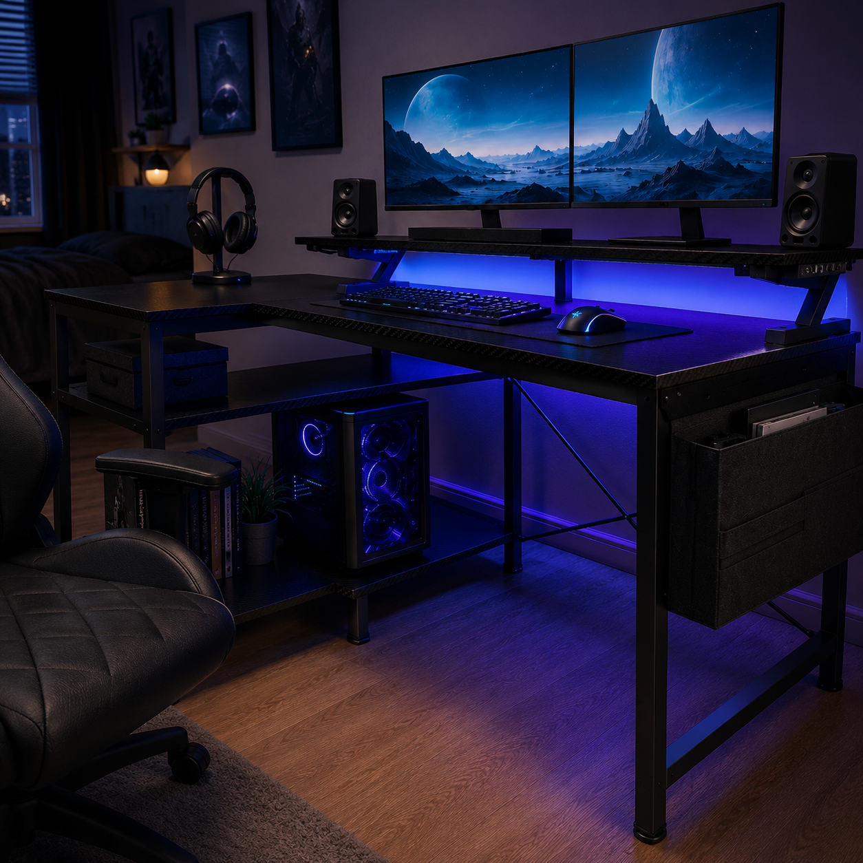 L-Shaped Gaming Desk with LED & Power