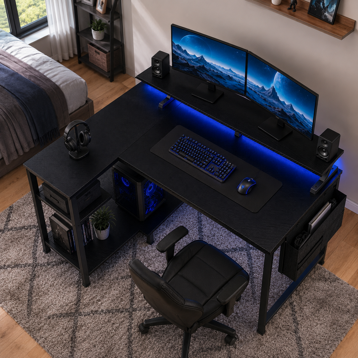 L-Shaped Gaming Desk with LED & Power
