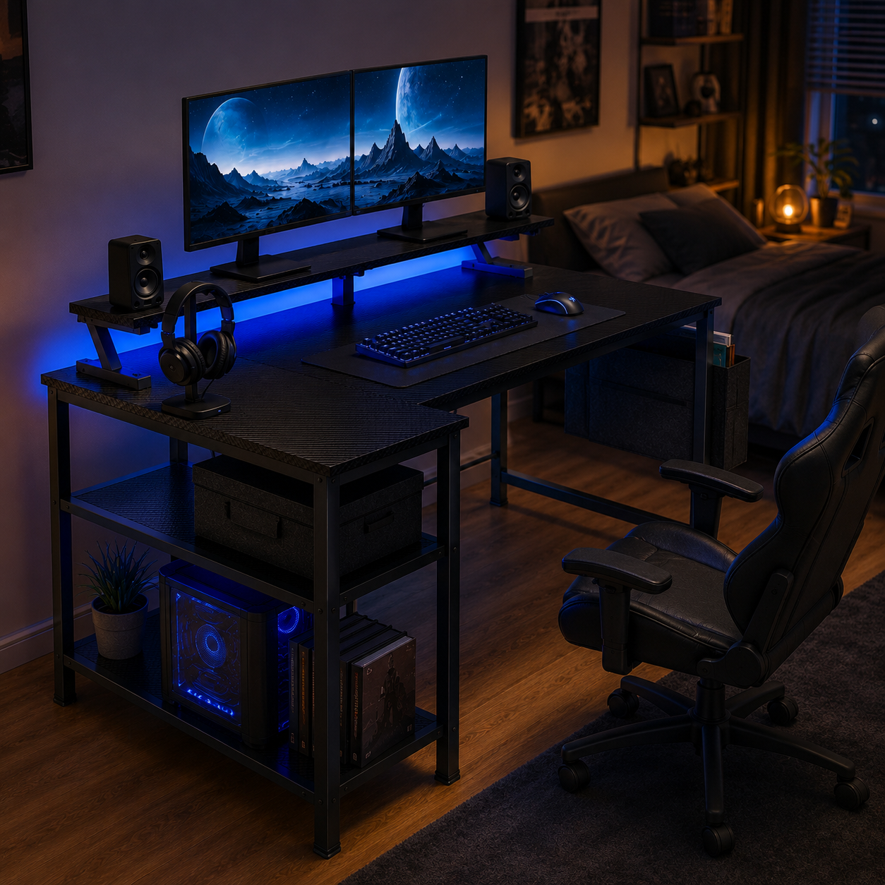 L-Shaped Gaming Desk with LED & Power