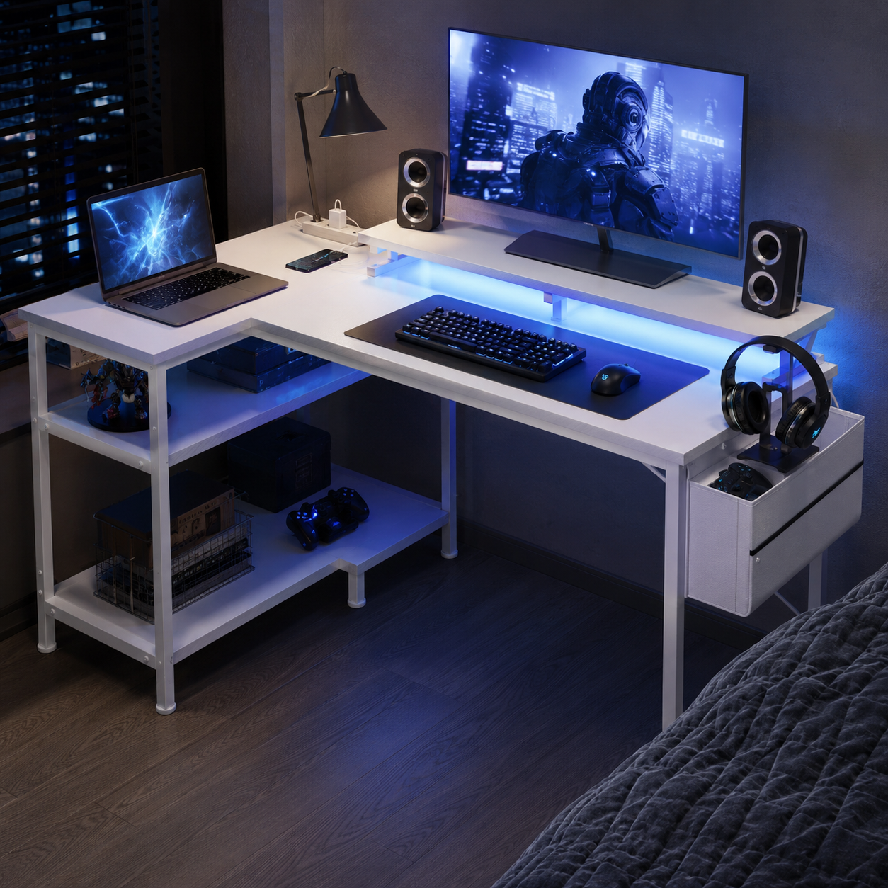 L-Shaped Gaming Desk with LED & Power