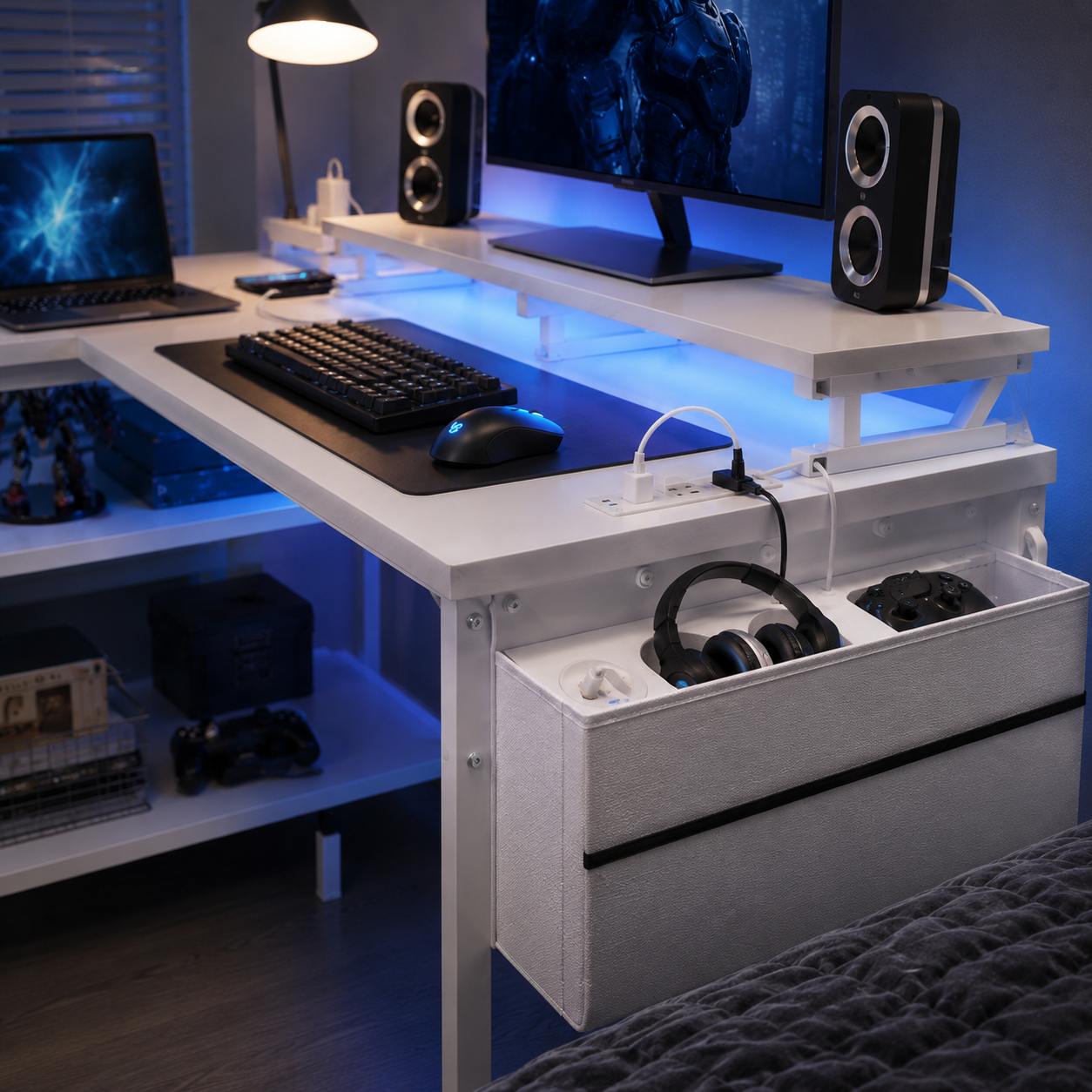 L-Shaped Gaming Desk with LED & Power