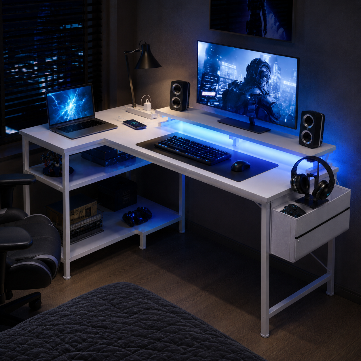 L-Shaped Gaming Desk with LED & Power