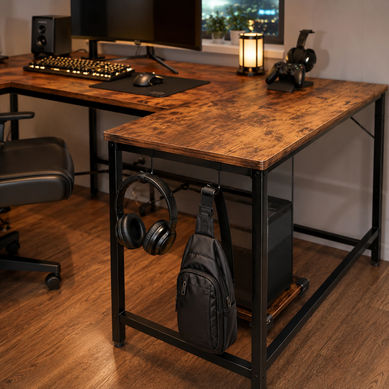 L-Shaped Computer Desk with CPU Stand