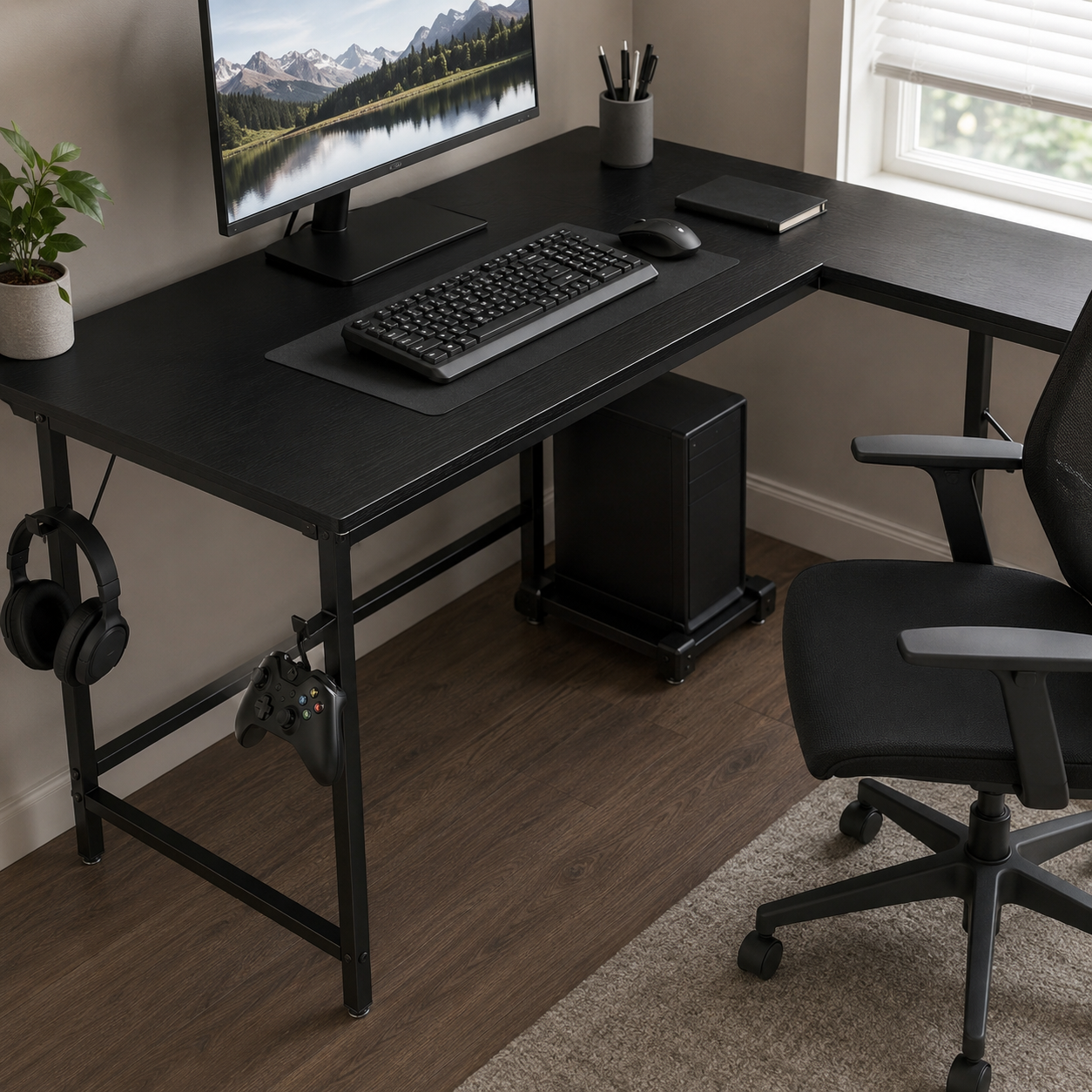 L-Shaped Computer Desk with CPU Stand