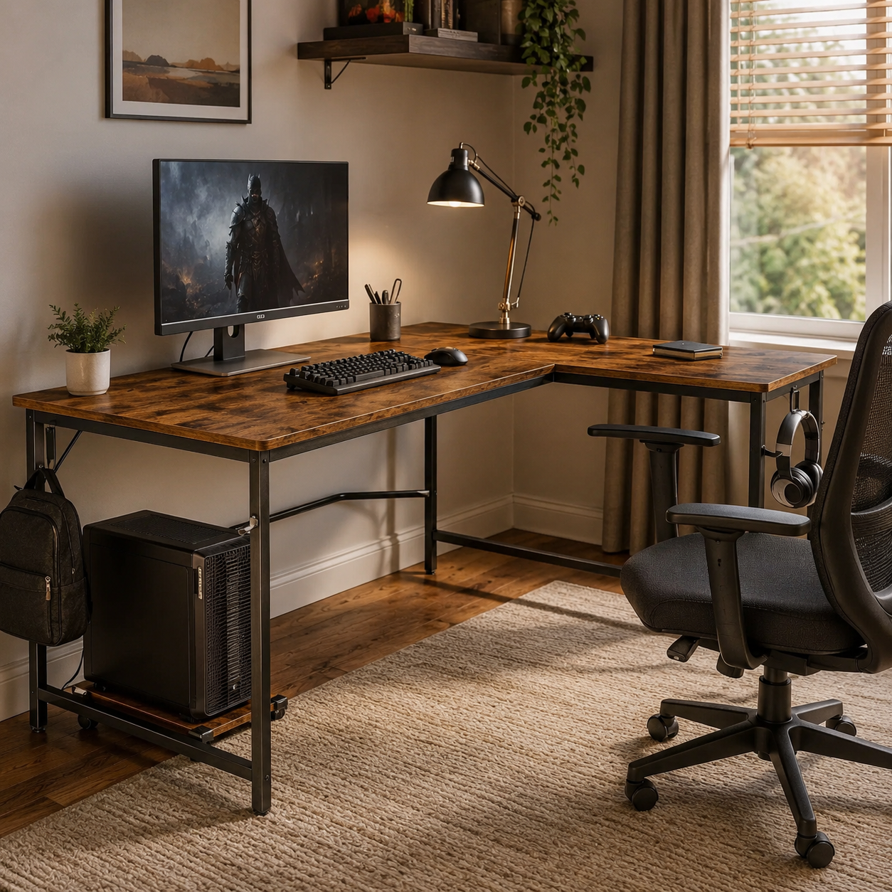 L-Shaped Computer Desk with CPU Stand