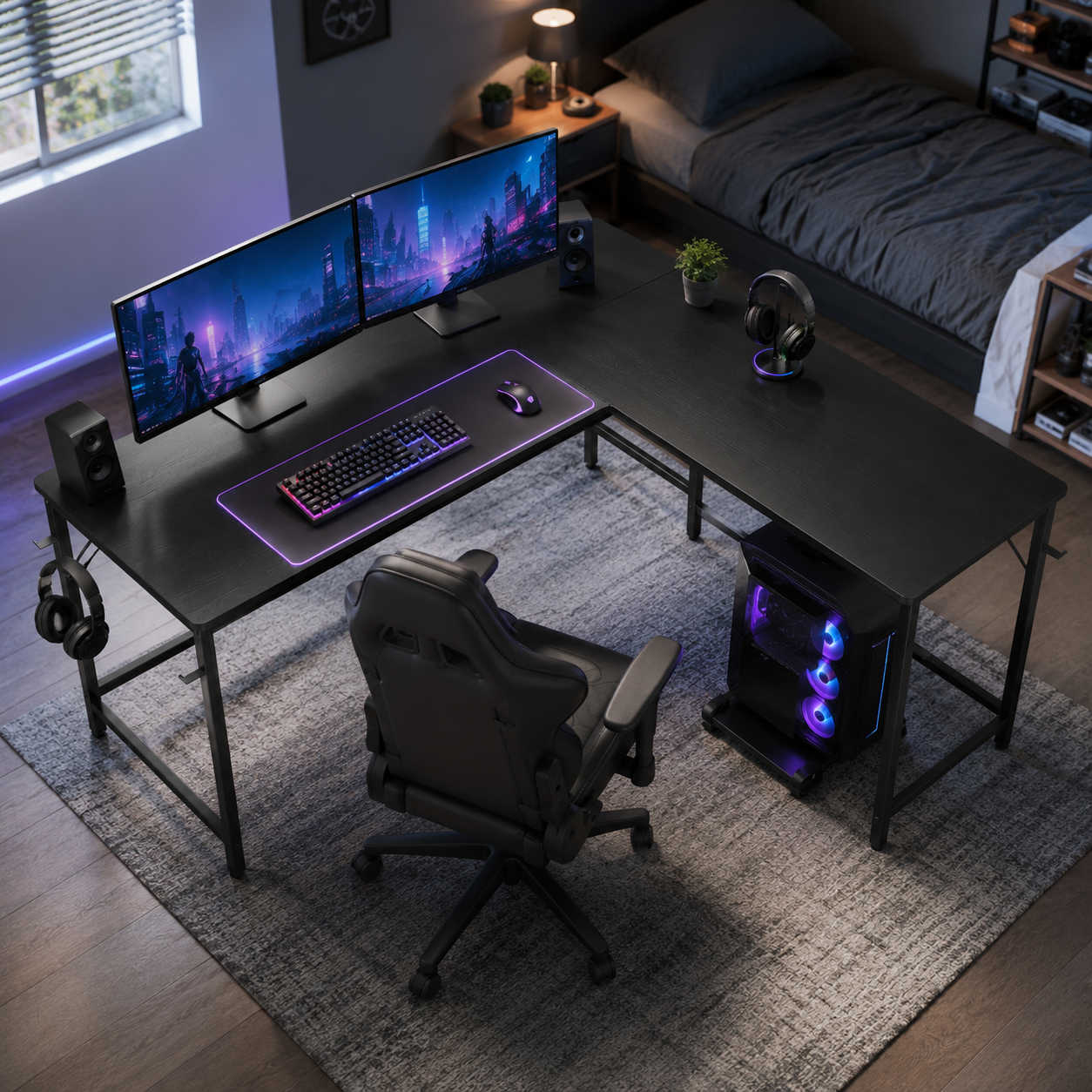 L-Shaped Computer Desk with CPU Stand