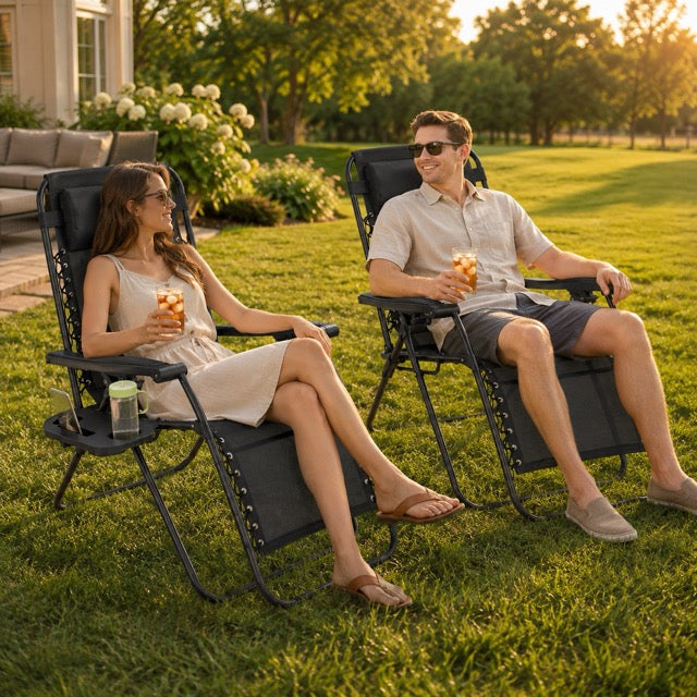 Set of 2 Folding Zero-Gravity Chaise Lounge Chairs with Removable Pillows & Side Trays