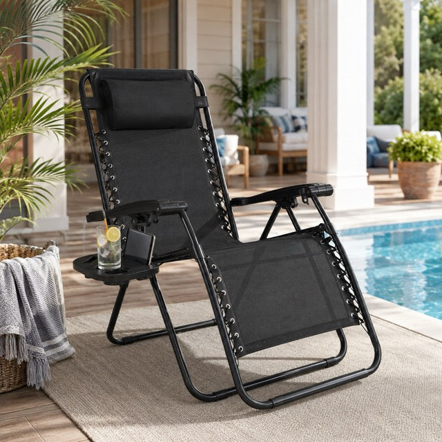 Set of 2 Folding Zero-Gravity Chaise Lounge Chairs with Removable Pillows & Side Trays