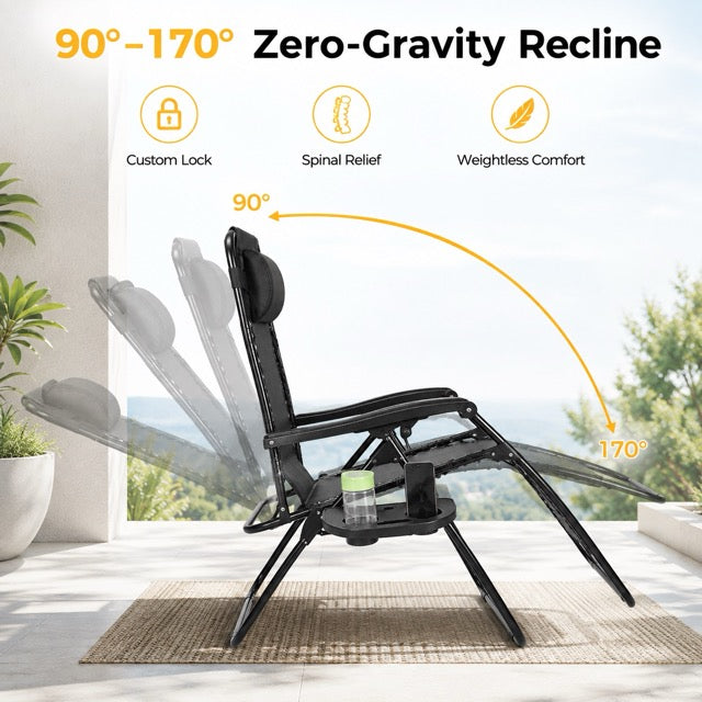 Set of 2 Folding Zero-Gravity Chaise Lounge Chairs with Removable Pillows & Side Trays