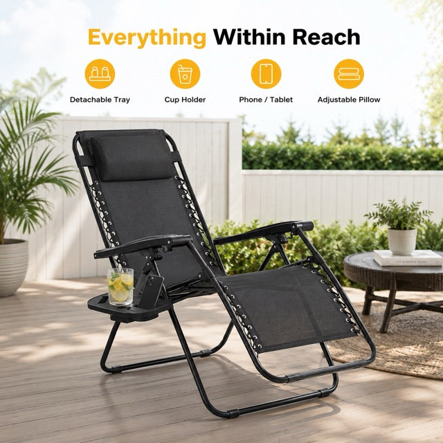 Set of 2 Folding Zero-Gravity Chaise Lounge Chairs with Removable Pillows & Side Trays