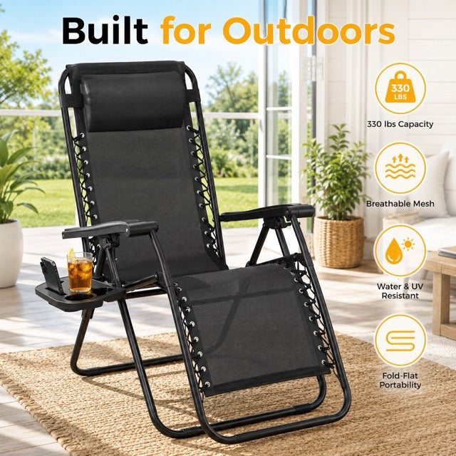 Set of 2 Folding Zero-Gravity Chaise Lounge Chairs with Removable Pillows & Side Trays