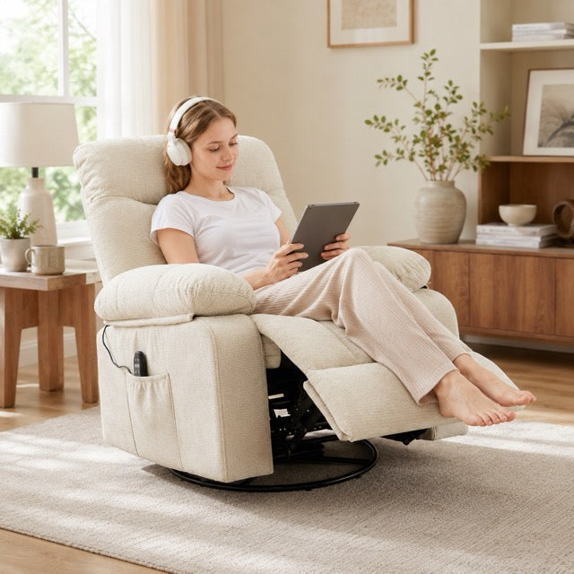 Chenille Swivel Rocker Recliner Chair with Heat, 8-Motor Vibration Massage & Manual Footrest