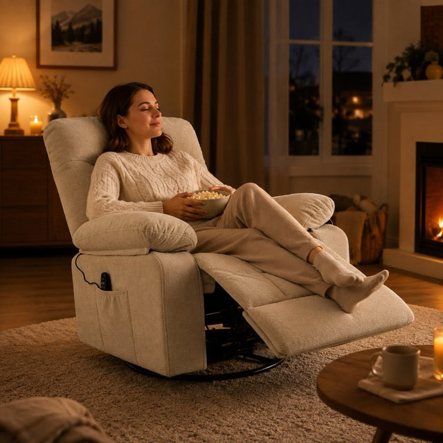 Chenille Swivel Rocker Recliner Chair with Heat, 8-Motor Vibration Massage & Manual Footrest