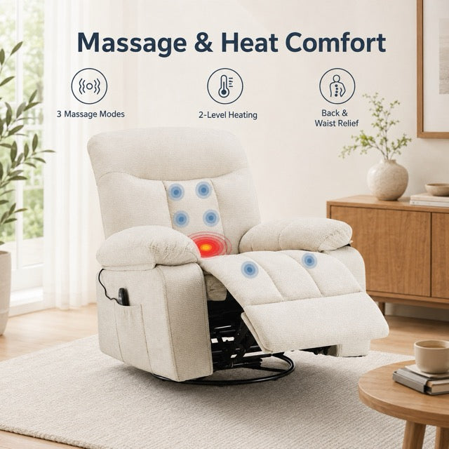 Chenille Swivel Rocker Recliner Chair with Heat, 8-Motor Vibration Massage & Manual Footrest