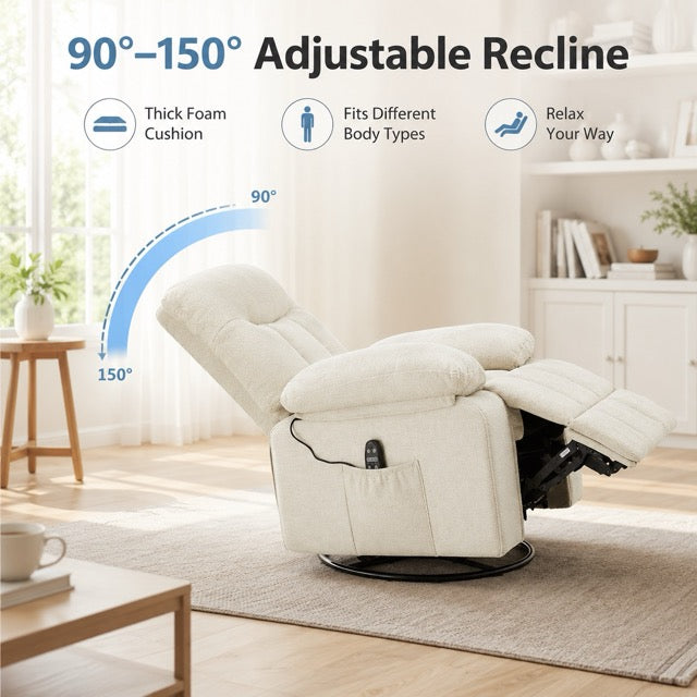 Chenille Swivel Rocker Recliner Chair with Heat, 8-Motor Vibration Massage & Manual Footrest