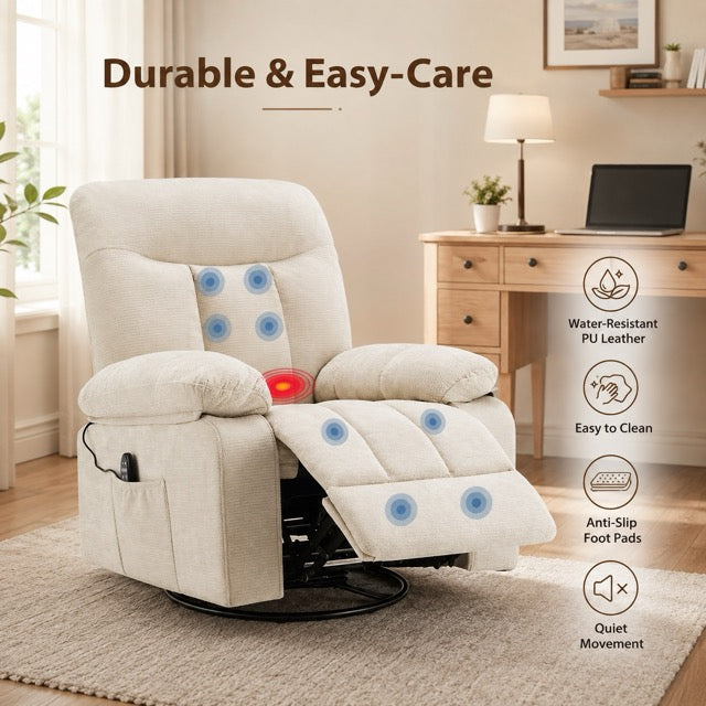 Chenille Swivel Rocker Recliner Chair with Heat, 8-Motor Vibration Massage & Manual Footrest