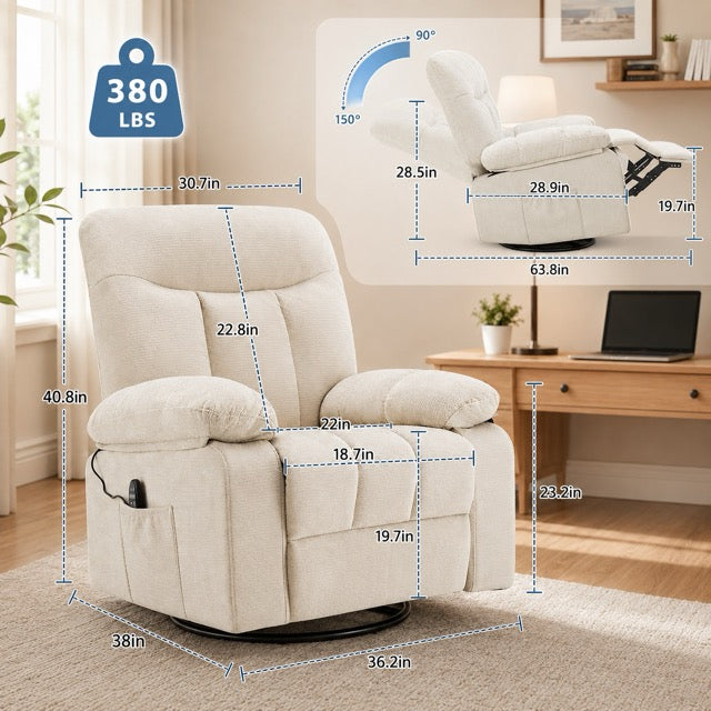 Chenille Swivel Rocker Recliner Chair with Heat, 8-Motor Vibration Massage & Manual Footrest