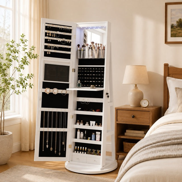 47.2-Inch Wall- and Door-Mounted Jewelry Cabinet with Full-Length Mirror, LED Lights & Large Storage