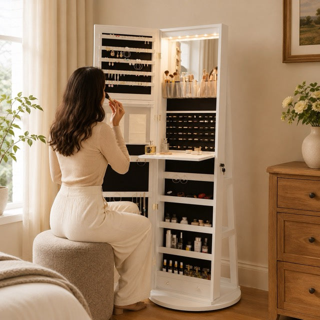 47.2-Inch Wall- and Door-Mounted Jewelry Cabinet with Full-Length Mirror, LED Lights & Large Storage