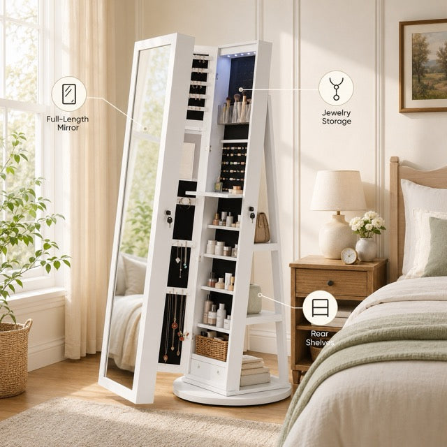 47.2-Inch Wall- and Door-Mounted Jewelry Cabinet with Full-Length Mirror, LED Lights & Large Storage