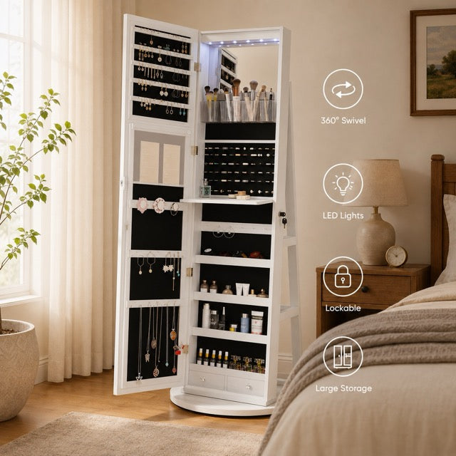 47.2-Inch Wall- and Door-Mounted Jewelry Cabinet with Full-Length Mirror, LED Lights & Large Storage