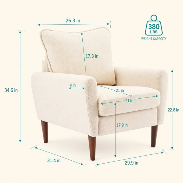 Modern Accent Reading Chair with Cushioned Seat & Wooden Legs – Wide Single Leisure Armchair