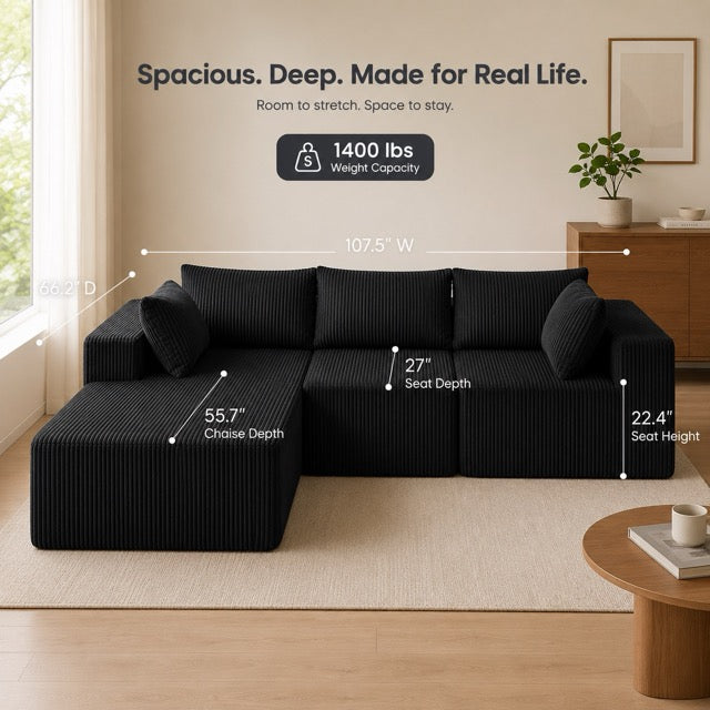 108" Modular L-Shaped Sofa with Chaise Lounge – Upholstered Boneless Sectional Sofa Bed