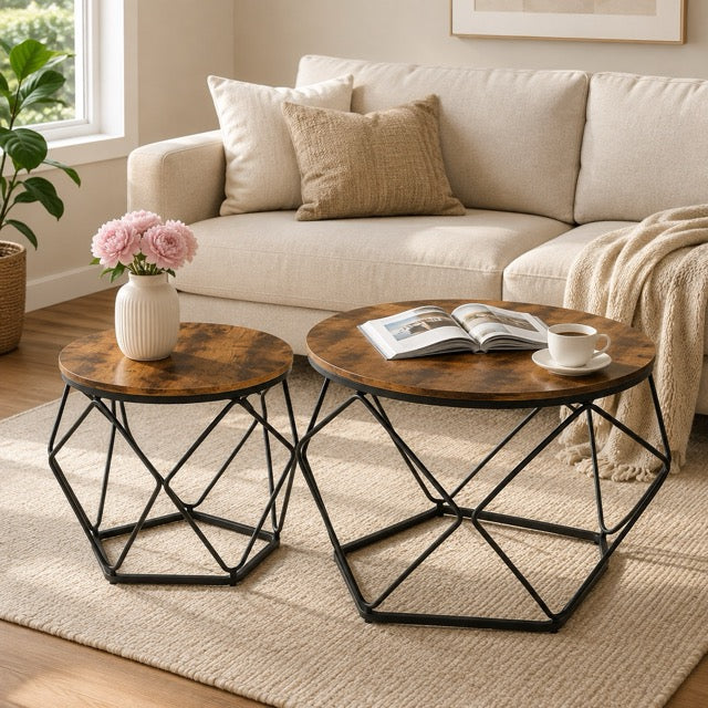 Modern geometric style coffee table set (2-piece), round stackable side table with hidden storage space