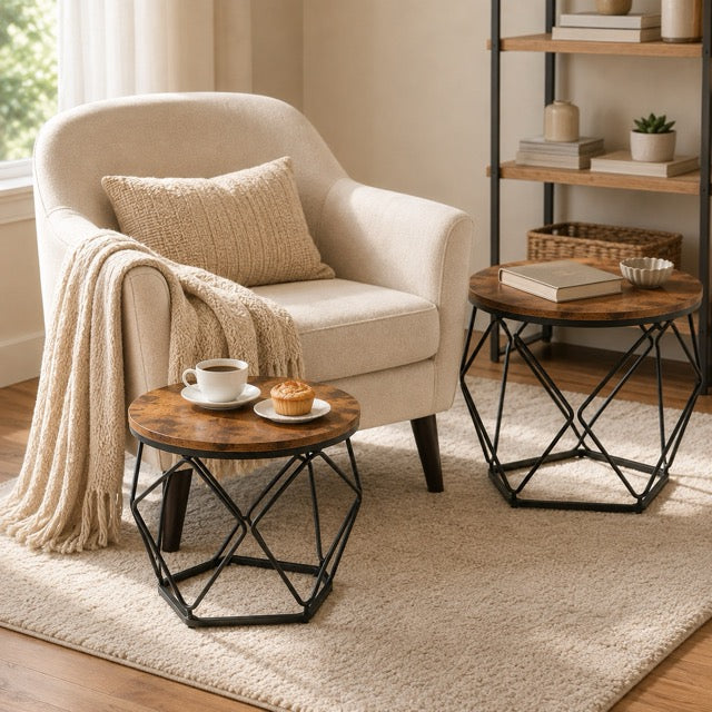 Modern geometric style coffee table set (2-piece), round stackable side table with hidden storage space