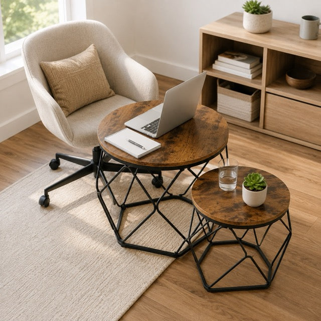 Modern geometric style coffee table set (2-piece), round stackable side table with hidden storage space