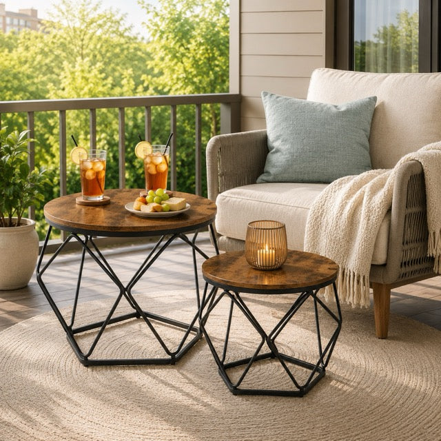 Modern geometric style coffee table set (2-piece), round stackable side table with hidden storage space