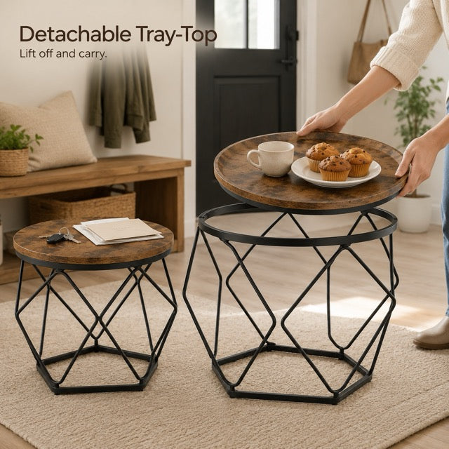 Modern geometric style coffee table set (2-piece), round stackable side table with hidden storage space