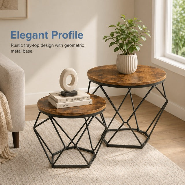 Modern geometric style coffee table set (2-piece), round stackable side table with hidden storage space