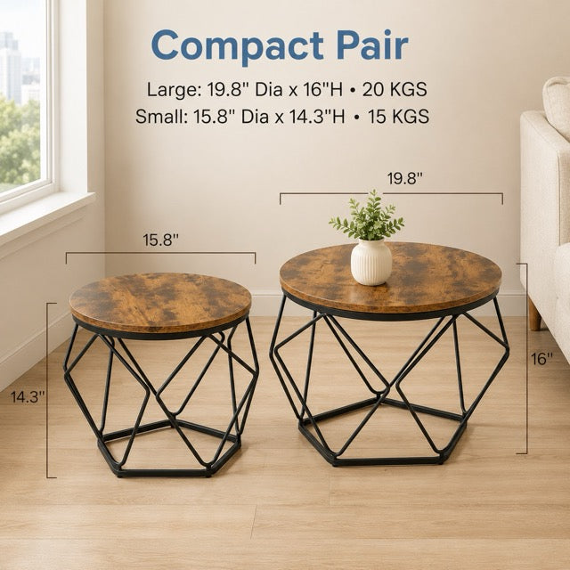 Modern geometric style coffee table set (2-piece), round stackable side table with hidden storage space