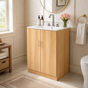 24-Inch Natural Wood Bathroom Vanity with Sink, Drawer & Double-Door Cabinet – Modern Farmhouse Style