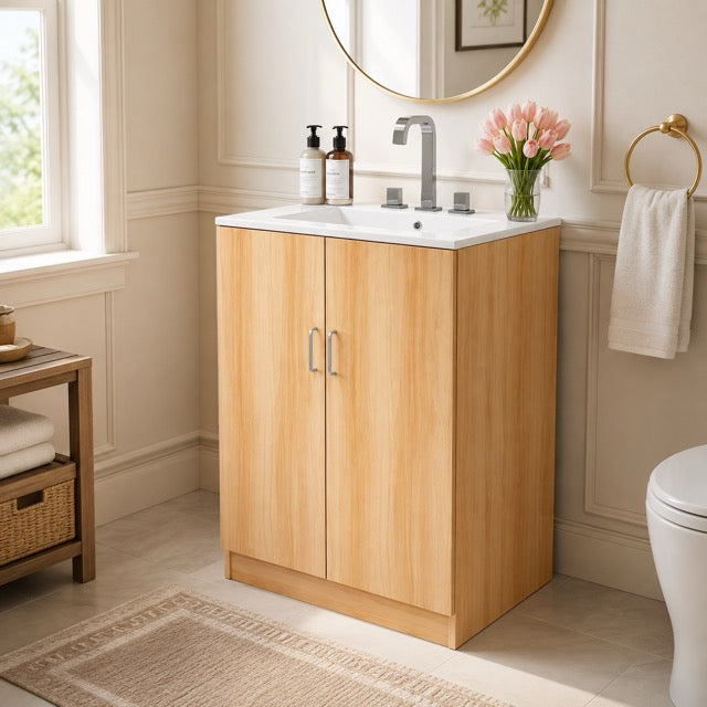 24-Inch Natural Wood Bathroom Vanity with Sink, Drawer & Double-Door Cabinet – Modern Farmhouse Style