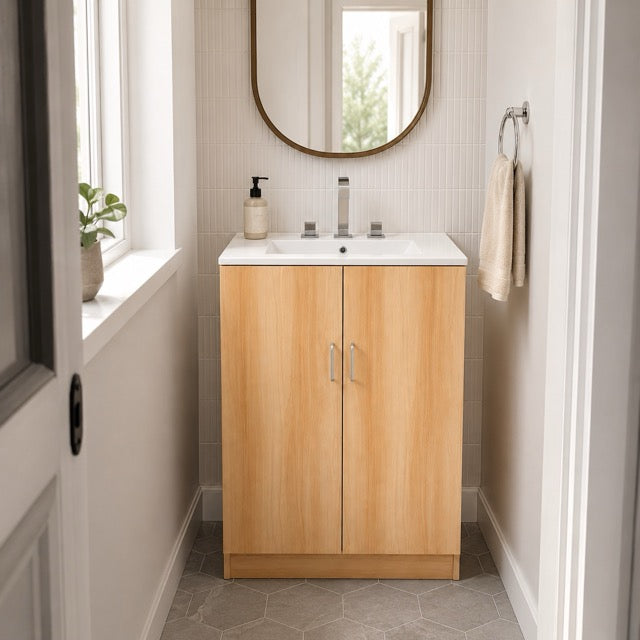 24-Inch Natural Wood Bathroom Vanity with Sink, Drawer & Double-Door Cabinet – Modern Farmhouse Style