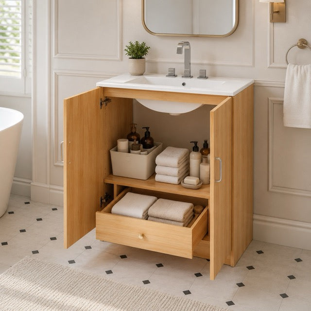24-Inch Natural Wood Bathroom Vanity with Sink, Drawer & Double-Door Cabinet – Modern Farmhouse Style