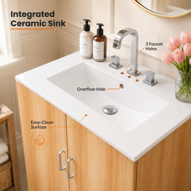 24-Inch Natural Wood Bathroom Vanity with Sink, Drawer & Double-Door Cabinet – Modern Farmhouse Style