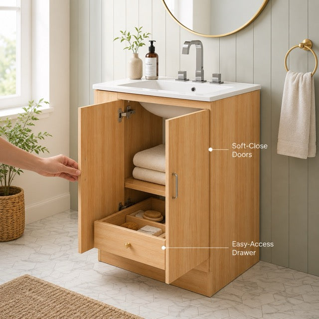 24-Inch Natural Wood Bathroom Vanity with Sink, Drawer & Double-Door Cabinet – Modern Farmhouse Style