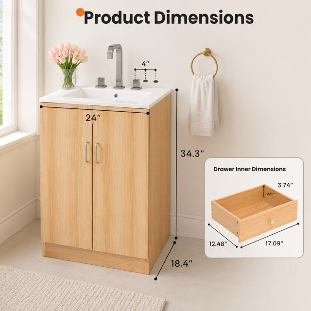 24-Inch Natural Wood Bathroom Vanity with Sink, Drawer & Double-Door Cabinet – Modern Farmhouse Style