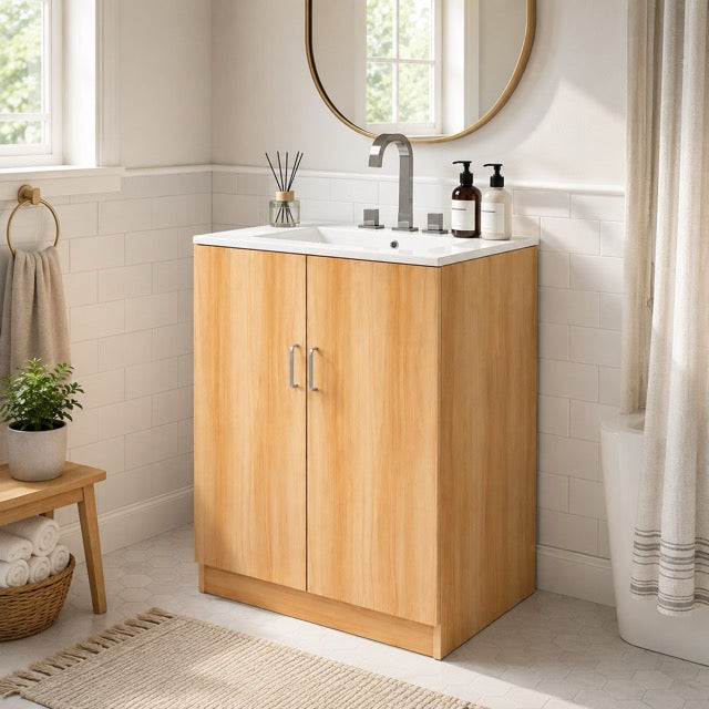 24-Inch Natural Wood Bathroom Vanity with Sink, Drawer & Double-Door Cabinet – Modern Farmhouse Style