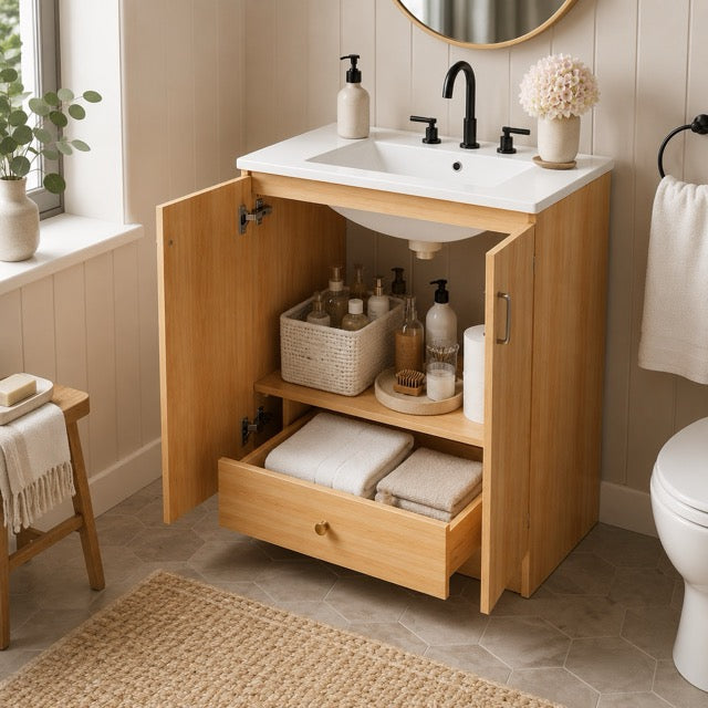24-Inch Natural Wood Bathroom Vanity with Sink, Drawer & Double-Door Cabinet – Modern Farmhouse Style