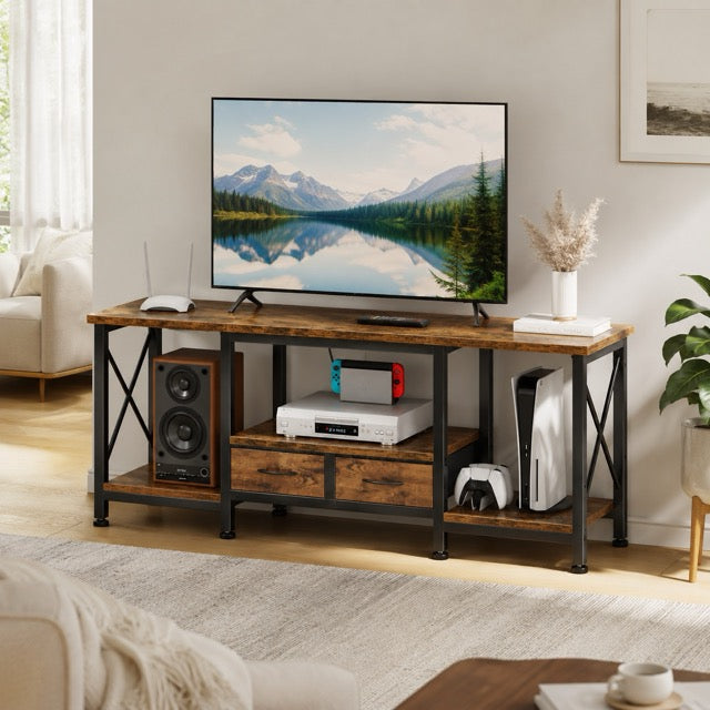 Industrial TV Stand with Built-in Charging Station, Fabric Drawers & Open Shelves – Fits TVs up to 75"