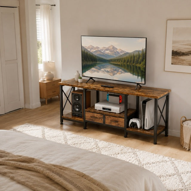 Industrial TV Stand with Built-in Charging Station, Fabric Drawers & Open Shelves – Fits TVs up to 75"