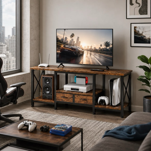 Industrial TV Stand with Built-in Charging Station, Fabric Drawers & Open Shelves – Fits TVs up to 75"