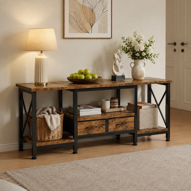 Industrial TV Stand with Built-in Charging Station, Fabric Drawers & Open Shelves – Fits TVs up to 75"