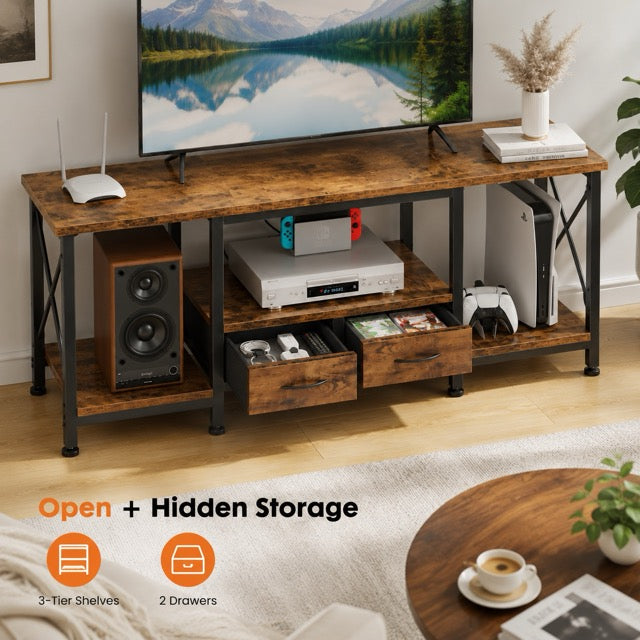Industrial TV Stand with Built-in Charging Station, Fabric Drawers & Open Shelves – Fits TVs up to 75"
