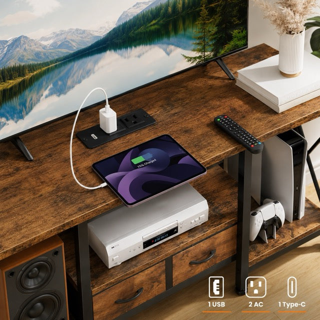 Industrial TV Stand with Built-in Charging Station, Fabric Drawers & Open Shelves – Fits TVs up to 75"